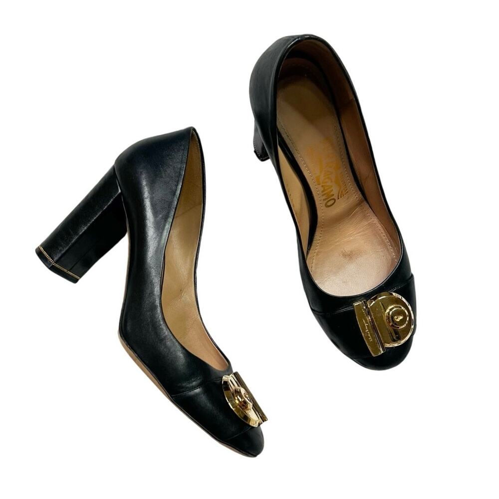 Salvatore Ferragamo | Fiamma Black Leather Block Heel Pumps Gold Gancini Shoes 8